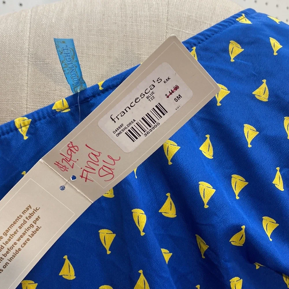 NWT Francesca’s Collection One Shoulder Yellow Sailboat Small Blue Dress - Picture 7 of 10